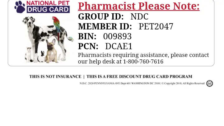 Free Prescription Savings. National Drug Card (animals)