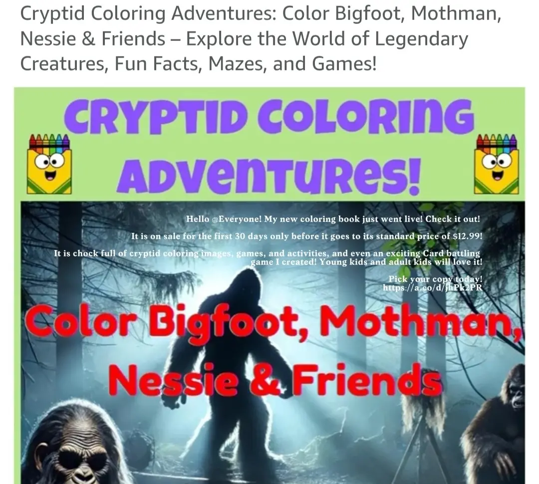Cryptid Coloring Adventures!. Color Bigfoot and more!