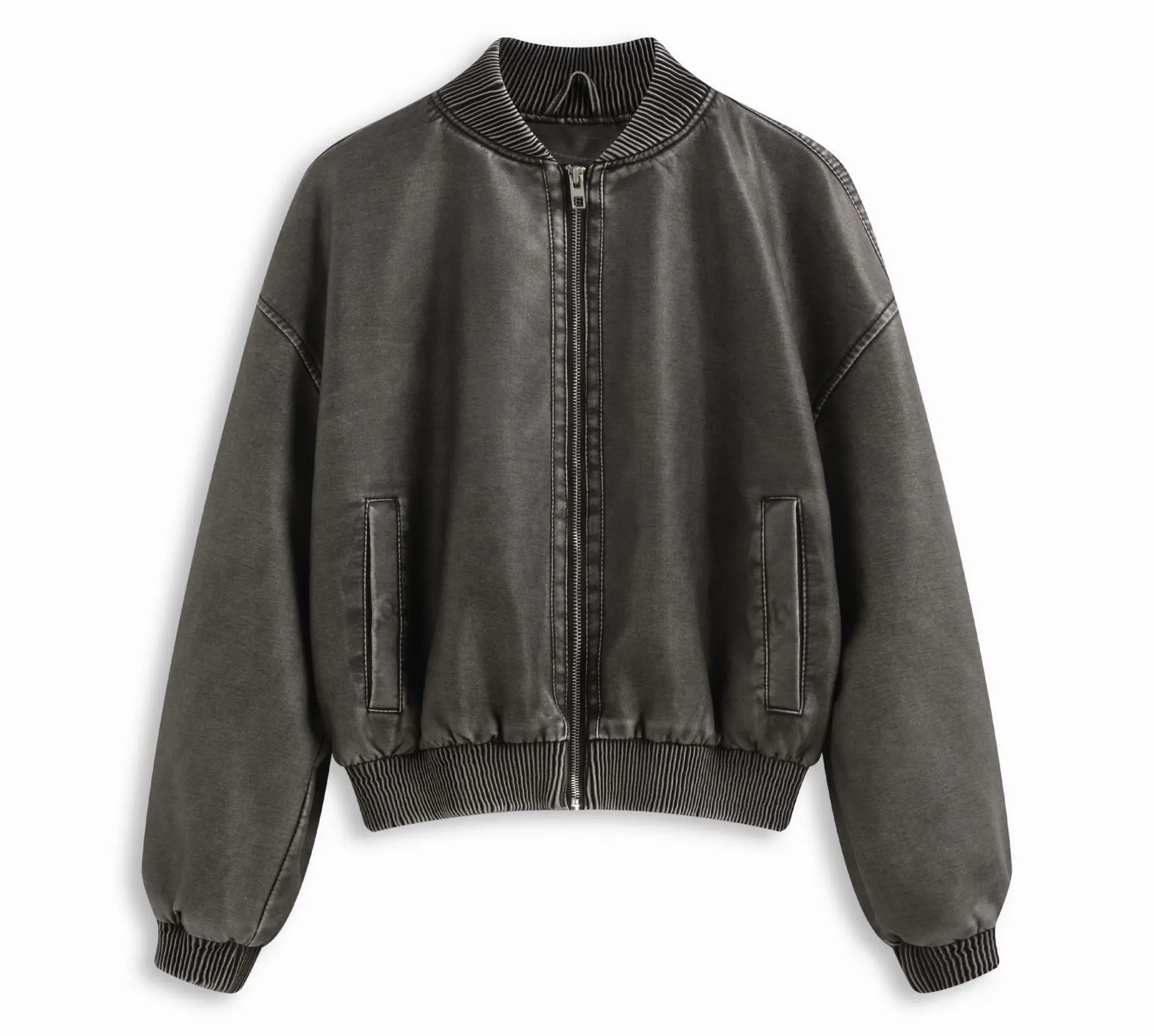 FAUX LEATHER STAND COLLAR ZIP. Cider