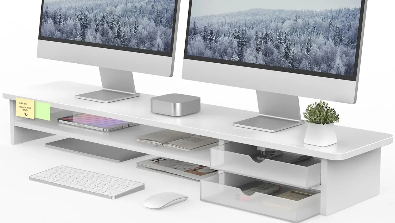 Elevate your monitors and desk setup.. Fenge Monitor Stand, Dual Monitor Riser, 42.5inch