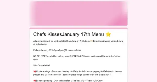 Chefs Kisses January 17th Menu ⭐️