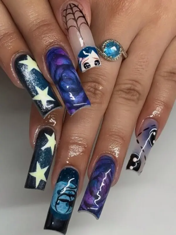Product - Upgrade Your Look 24 Pieces Long European Square Five-Pointed Star Cartoon Doll Smiling Face Starry Sky False Nails