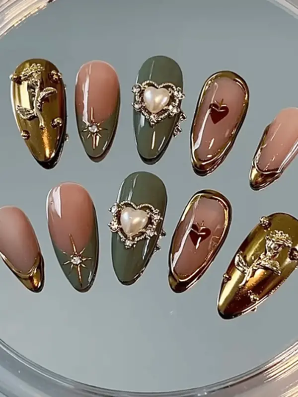 Product - 10pcs Handmade Vintage Cute 3D Floral Rhinestone Accent, Beige, Olive Green, Gold Star Heart Rose 5D Nail Art Decor