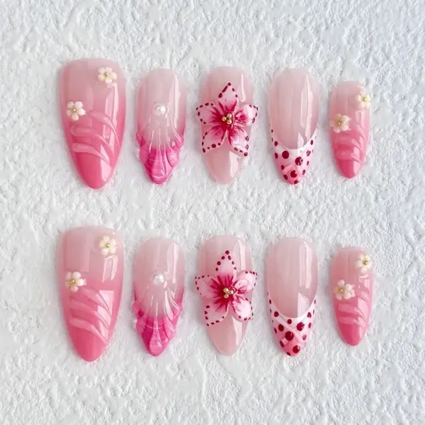 Product -  New Handmade Engraved Design Small White Flower Inlay 3D Fake Nails Nail Art Press on Nails Pink Manicure Fake Nai