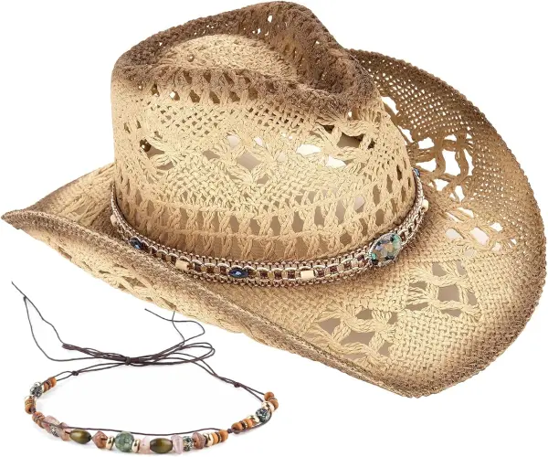 Product - Men's Women's Straw Cowboy Hat Cowgirl Woven Sun Hat Western Cowboy Hat Two Decorative Bands One Size Beige-d