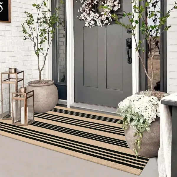 Product - Striped Outdoor Front Door Mat 24"x51", Cotton Hand Woven Washable Black and Khaki Rug Runner, Reversible Foldable 
