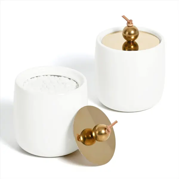 Product - 2 Pack Ceramic Qtip Holder Dispenser with Gold Lids, White Apothecary Jars Bathroom Vanity Organizer for Home Decor
