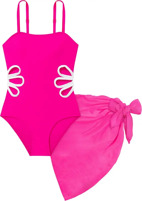 Product - Girls Swimsuit, Adjustable Straps Cut Out One Piece Bathing Suit with Solid Color Cover Up Skirt Girls' Swimwear Pi