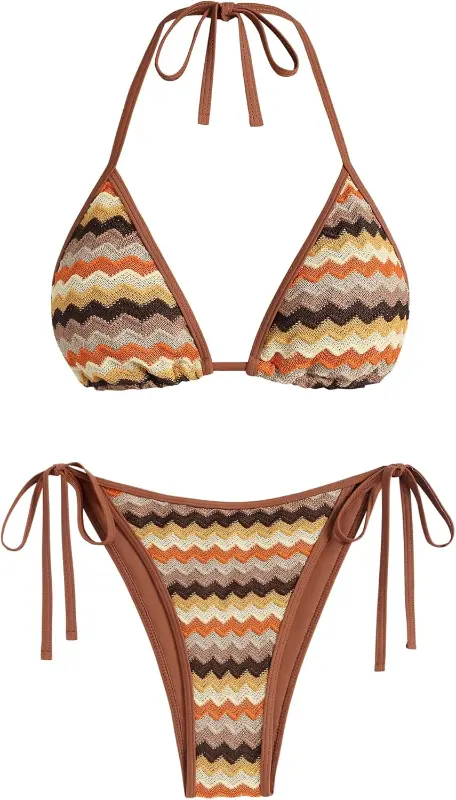 Product - ZAFUL Women's Colorblock Stripes Triangle Halter Tied Cheeky Thong Bikini Set High Cut Two Piece Bathing Suit 1-cof