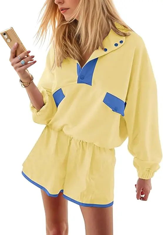 Product - Womens 2 Piece Short Sets Loose Color Block Sweatshirts Short Set and Summer Long Sleeve Pullover Tracksuit with Po