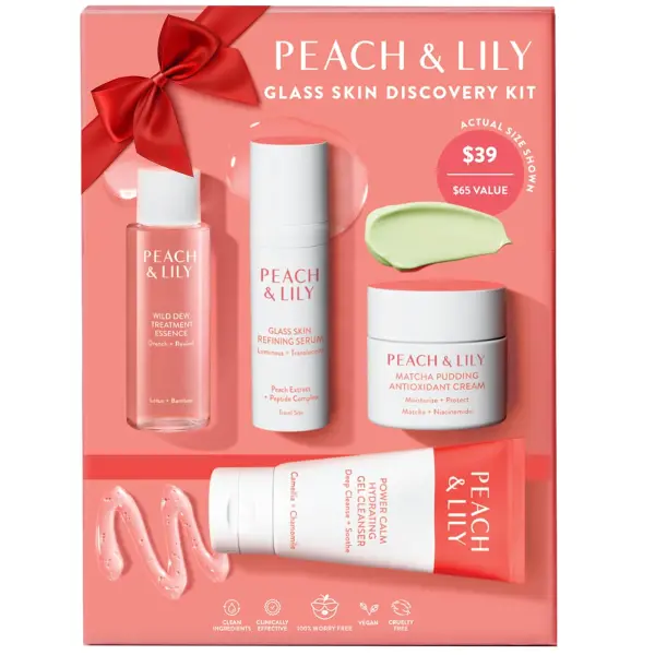 Product - Peach & Lily - Glass Skin Discovery Kit (4 Products) - Cleanser, Essence, Serum, & Cream - Facial Skincare Set - Ac