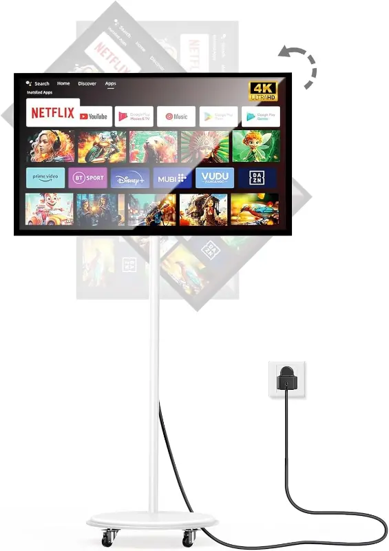 Product - 43 Inch Portable TV on Wheels, MWE 4K Smart Touch Screen Rolling TV LCD Display with Wires plugged in use, Android 