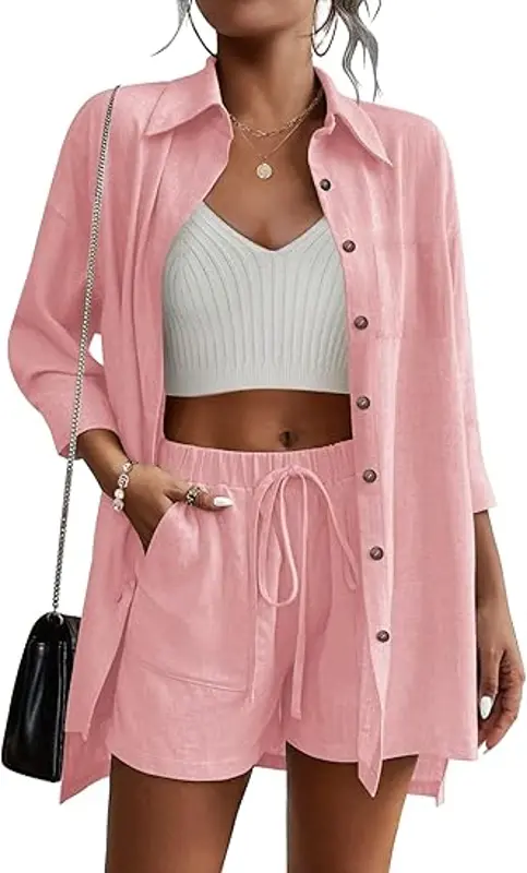 Product - Beyove Women's Cotton Linen Set Casual Tracksuit Button Down 3/4 Sleeve Shirt Drawstring Shorts Pockets 2 Piece Lou