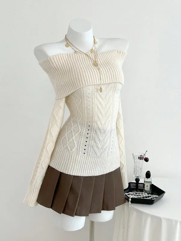 Product - Elamini Fashionable Versatile Solid Color Off Shoulder Fitted Sweater Fall Winter Cloth For Women