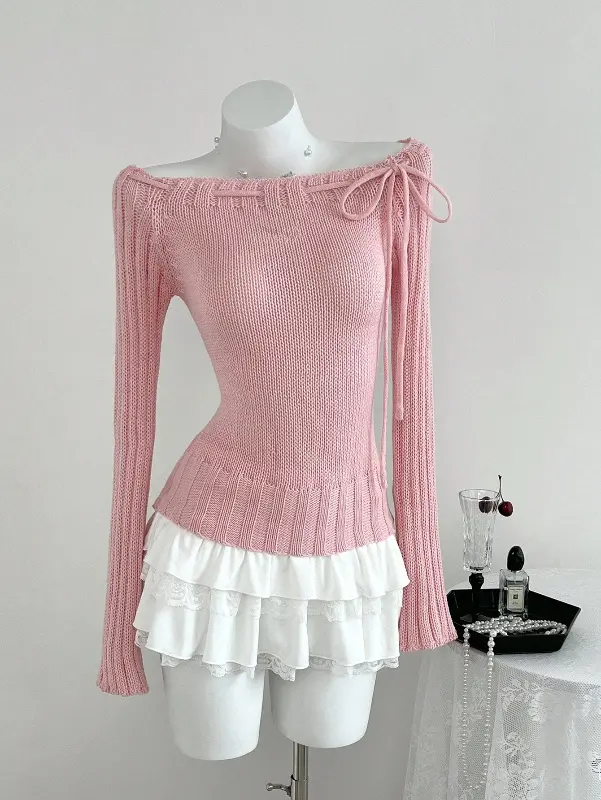Product - Elamini Sweet & Versatile Solid Color Lace-Up Fitted Sweater Knit Pullover Fall Winter