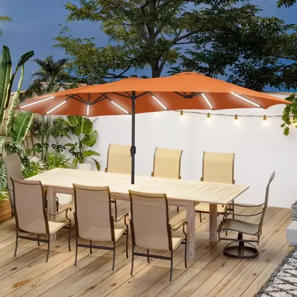 Product - 15 FT Double-Sided Patio Umbrella with Solar LED Lights and Base