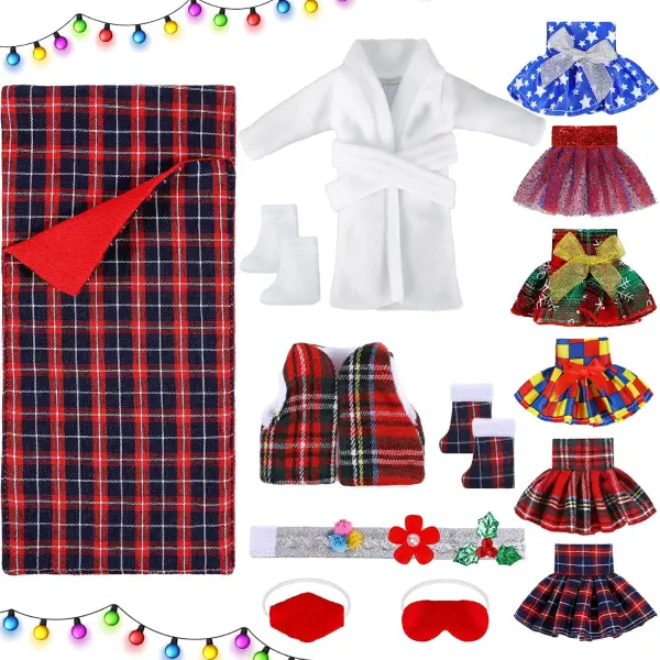 Product - 14 Pieces Christmas Doll on Clothes Doll Accessories Set Outfits Including Skirts, Bathrobe, Sleeping Bag, Fluffy V