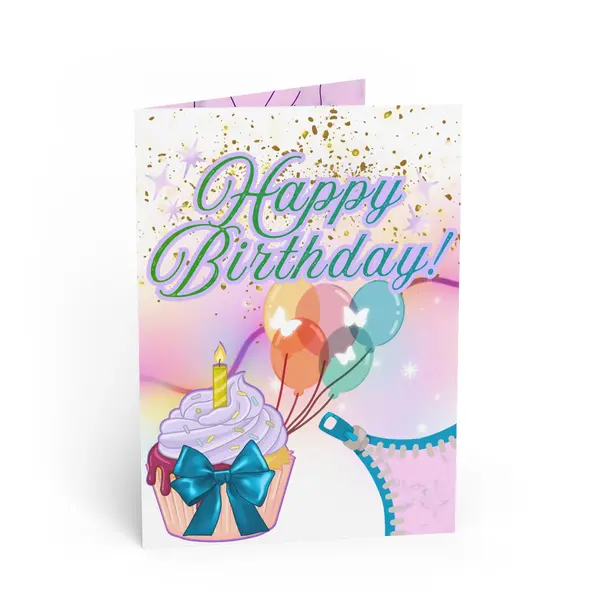 Product - Happy Birthday Card, Festive Cupcake with Candle, Colorful Balloons and Butterflies, Gold Glitter Celebration Greet