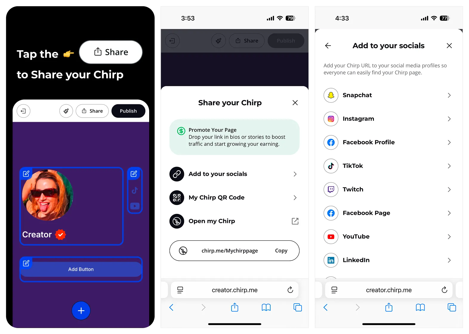 drop your link like, chirp me, link in bio